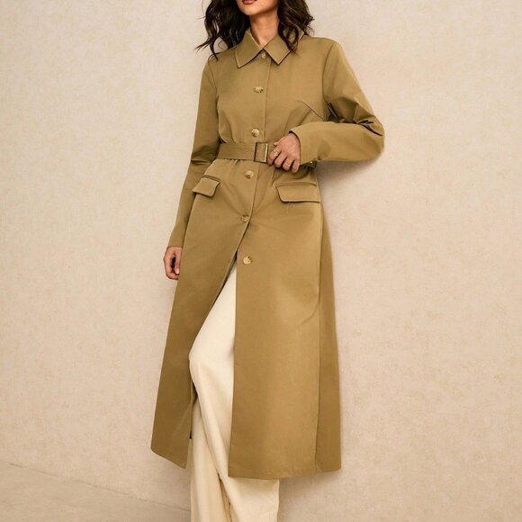 Khaki Women's Casual Longline Cape-Shoulder Storm Flap Overcoat - Picture 6 of 8